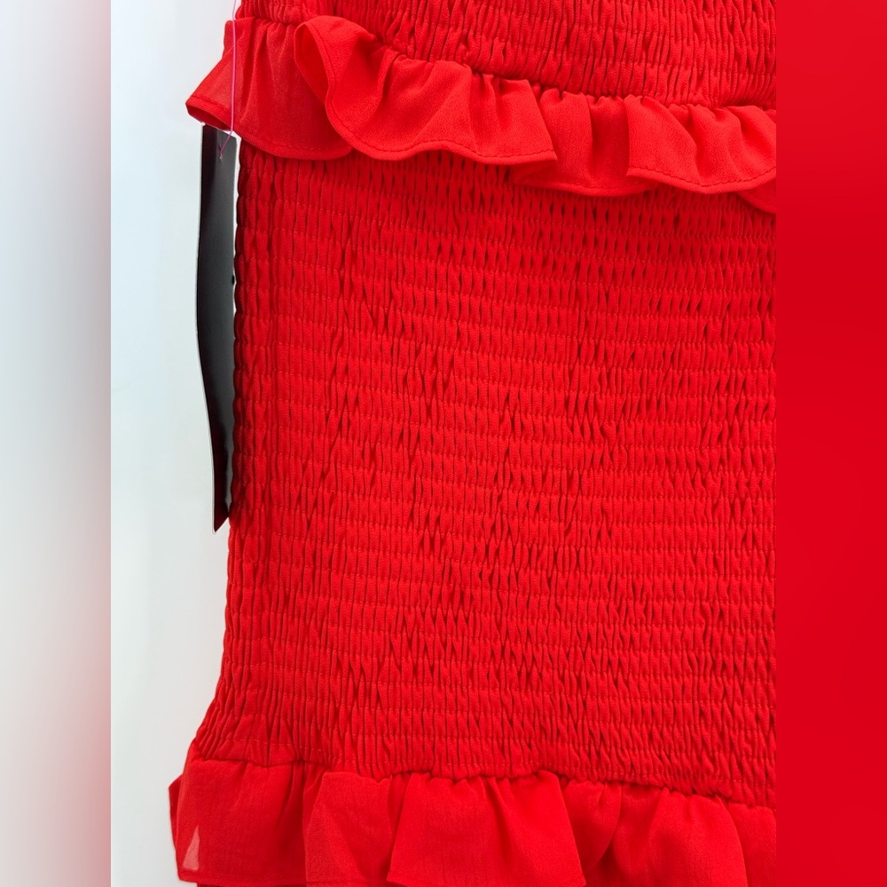 Bebe Stunning Red Smocked Midi Dress with Ruffle Tiers Bodycon Party Dress SZ M - Picture 7 of 13